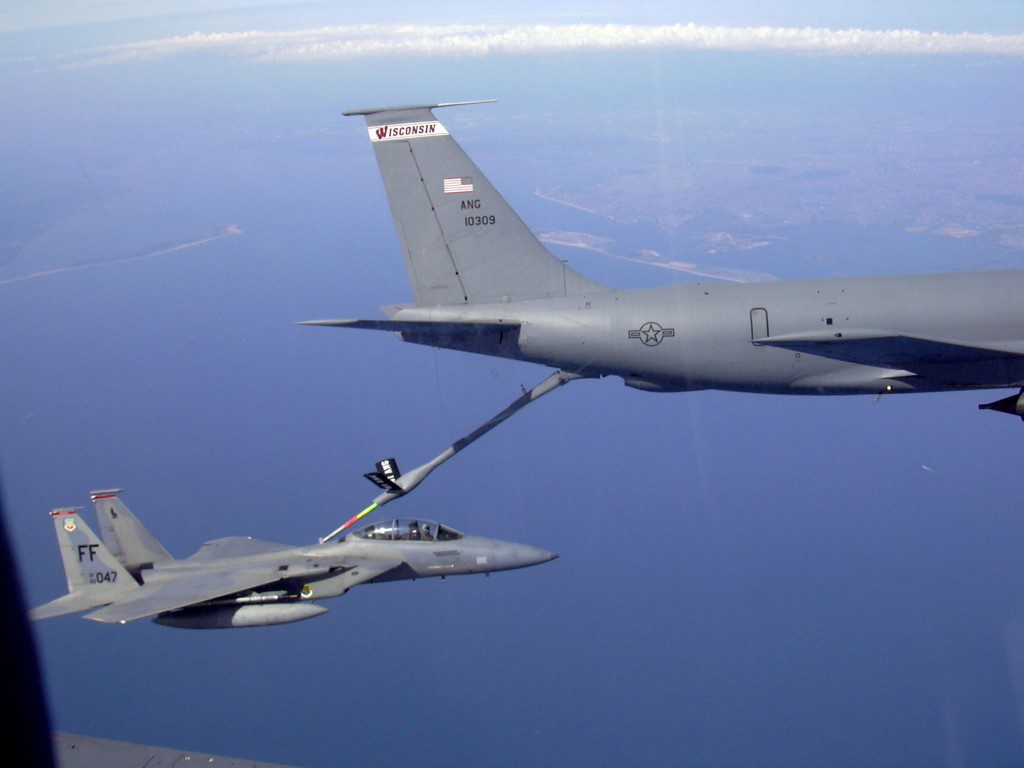USAF Lt. James "Tracer" Morgan taps into a flying gas station during a Homeland Security Mission to protect the President in September 2004