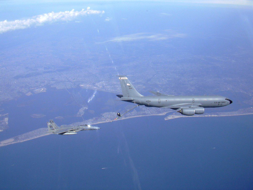 KC-135 Tanker from 128th Refueling Wing of the Wisconsin Air National Guard gases up F-15 protecting skies over New York City